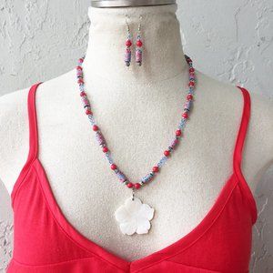 Polymer Clay Shell Flower and Salmon Glass Necklace & Earrings
